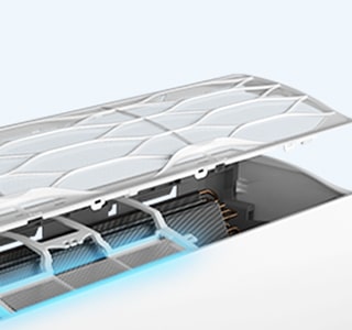 The LG air conditioner is seen with the top open exposing the interior. There is a blue neon light highlighting the filter inside. 